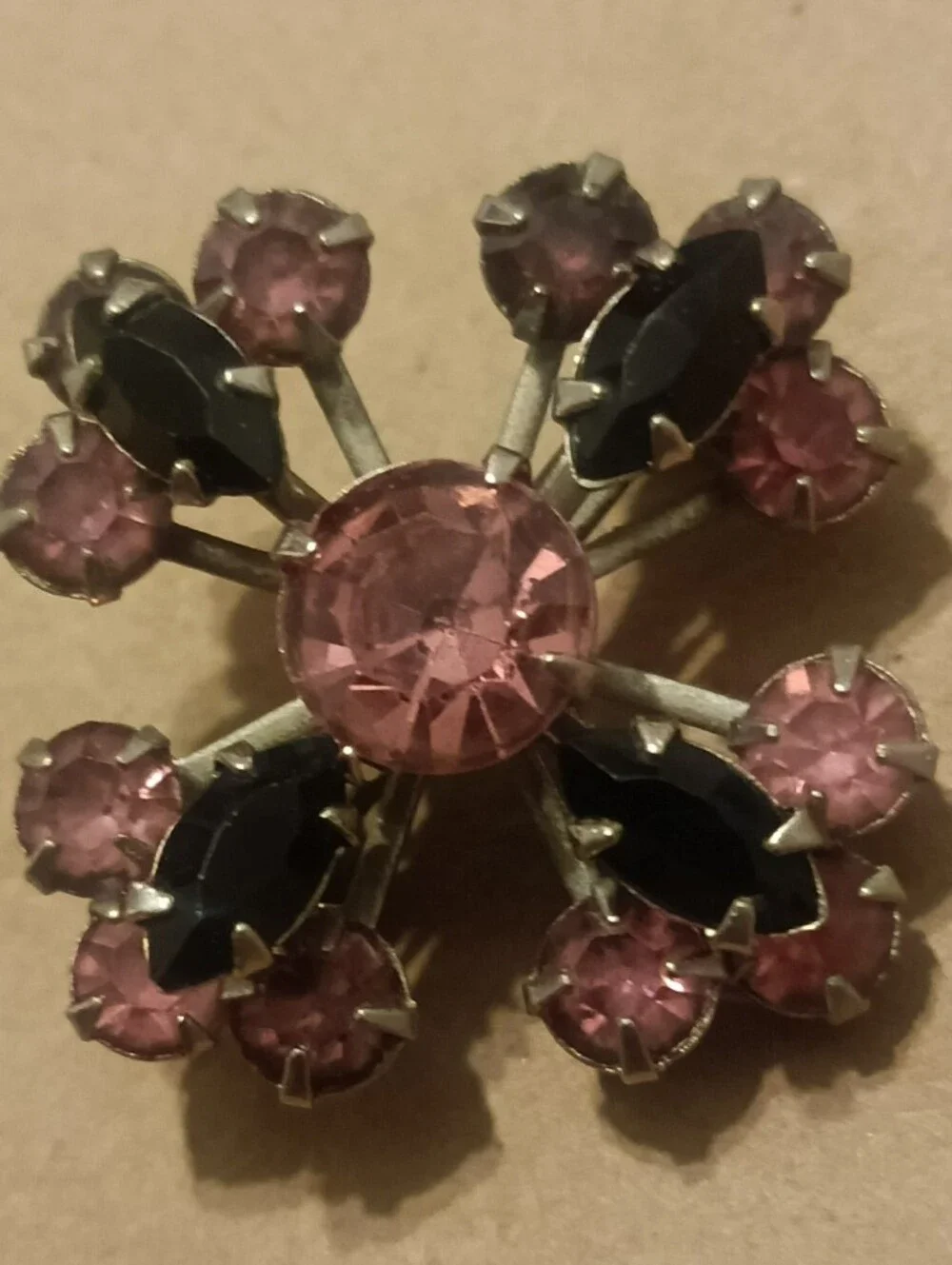 Vintage-Inspired Pink and Black Crystal Floral Brooch